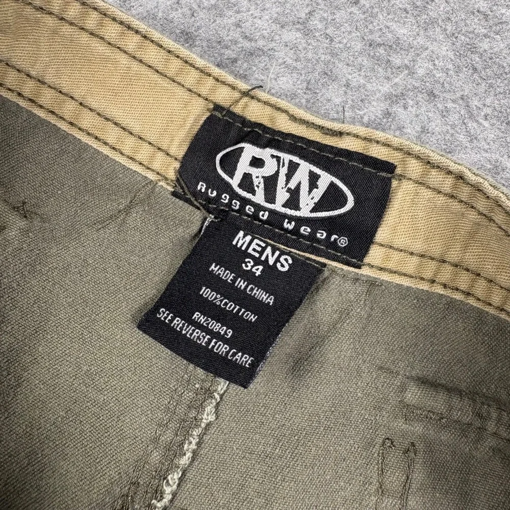 Rugged Wear Mens Cargo Shorts Olive Green Cotton Twill Workwear Size 34